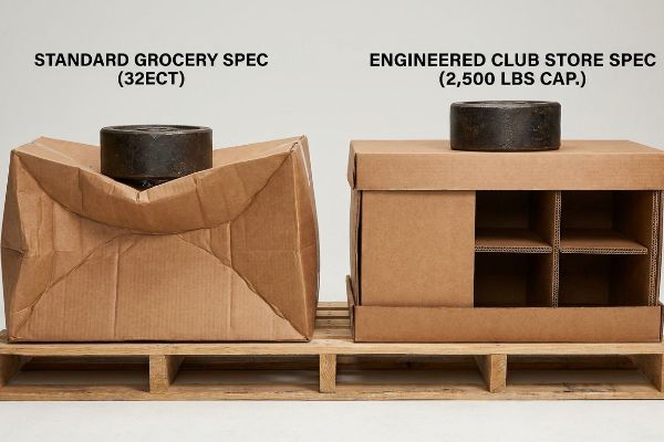 Brown cardboard boxes on a pallet, showing a crushed Standard Grocery Spec (32ECT) versus an intact Engineered Club Store Spec (2,500 Lbs Cap.) with H-divider reinforcement.