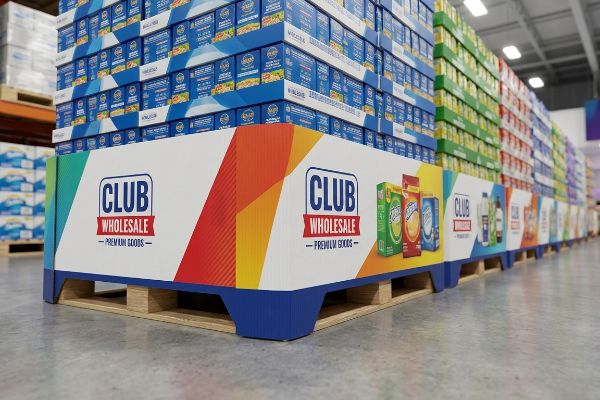 Retail floor displays featuring Club Wholesale printed corrugated pallet skirts covering wooden bases, stacked with product boxes in a wholesale club.