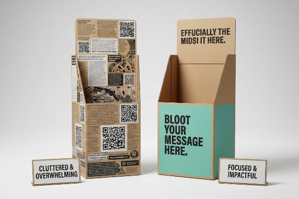 Brown corrugated cardboard retail displays: one Cluttered & Overwhelming with QR codes, the other Focused & Impactful with 