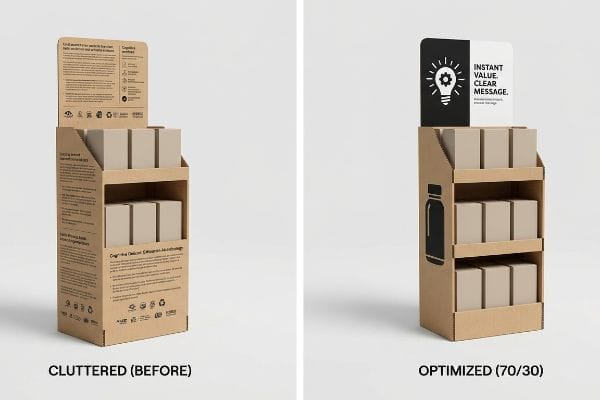 Brown corrugated retail display, labeled 'Cluttered (Before)', features a text-heavy header and side panels, holding small beige product boxes.