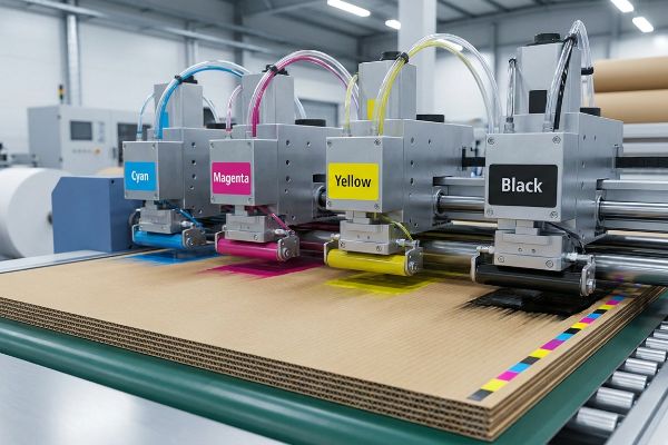 A high-speed CMYK printing machine applies Cyan, Magenta, Yellow, and Black inks onto corrugated board, creating a vibrant color bar.