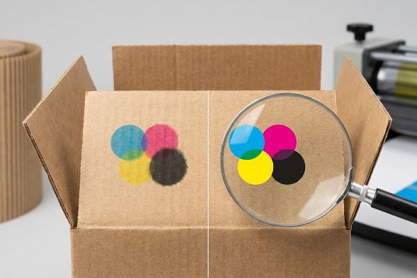 Corrugated cardboard box flap displaying CMYK color dots, with a magnifying glass highlighting crisp print quality versus visible dot gain.