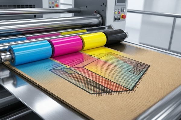 Offset printing press applies CMYK inks via rollers onto a cardboard substrate, creating a colorful design with halftone dots for packaging.