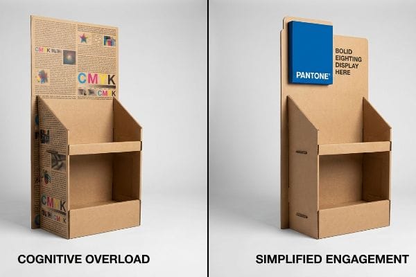 Brown corrugated cardboard display featuring dense, microscopic CMYK halftone text and images, visually representing cognitive overload.