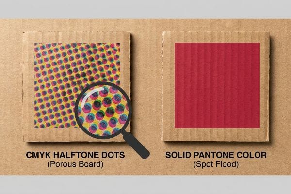 Corrugated board samples show CMYK Halftone Dots (Porous Board) magnified, contrasted with Solid Pantone Color (Spot Flood).