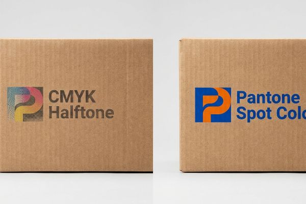 Corrugated cardboard boxes show a CMYK Halftone logo with dots versus a crisp Pantone Spot Color logo.