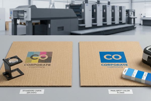 Raw corrugated testliner samples with 'Corporate' logo: muddy Standard CMYK halftone dots versus vibrant PMS Spot Color Flood, next to a loupe and Pantone swatch.