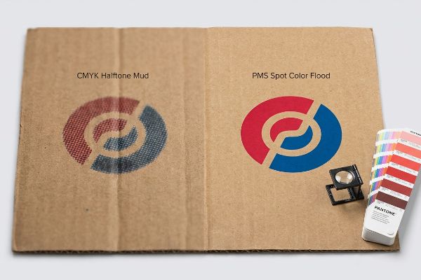 Brown corrugated cardboard shows a comparison of Cmyk Halftone Mud and Pms Spot Color Flood printing, with a Pantone swatch book and loupe.
