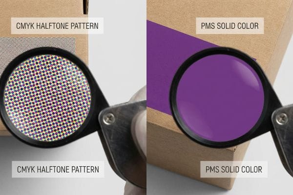 CMYK PMS Comparison Magnified view compares Cmyk Halftone Pattern with tiny dots to Pms Solid Color, a smooth purple ink on brown cardboard.