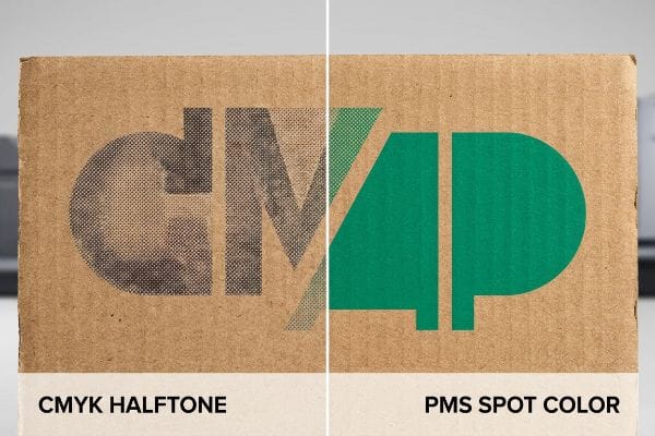 Le carton ondulé brun présente un logo imprimé en demi-teintes CMJN granuleuses par opposition à une couleur Pantone lisse, mettant ainsi en valeur la qualité d'impression.