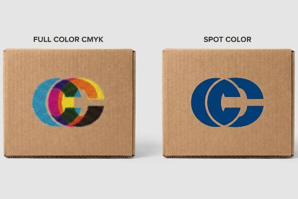 Brown corrugated cardboard boxes showcasing a stylized 'CC' logo, one in Full Color CMYK halftone dots and the other in solid blue Spot Color.