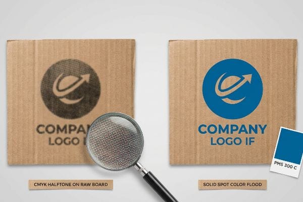 Corrugated board shows a grainy Cmyk Halftone logo with visible dots and a vibrant Solid Spot Color Flood logo, highlighting Pms 300 C.