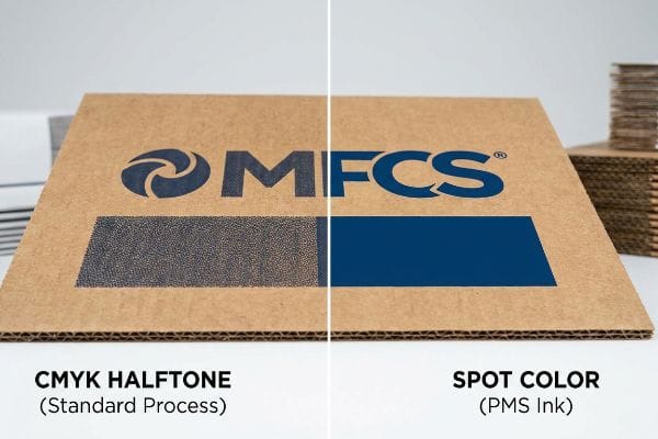 Corrugated cardboard displays Cmyk Halftone (Standard Process) on the left, showing a grainy Mfcs logo and dark blue rectangle, contrasted with smooth Spot Color (Pms Ink) on the right.