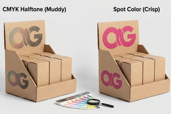 Corrugated cardboard display units show muddy CMYK Halftone vs. crisp Spot Color printing of the OG logo, with a Pantone guide and magnifying glass.