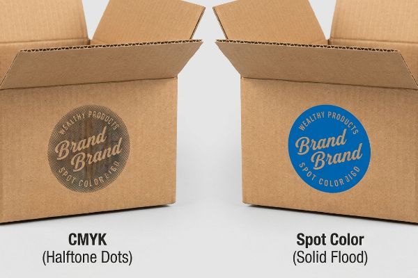 Porous corrugated boxes display a Cmyk halftone dot logo next to a vibrant Spot Color solid flood for Wealthy Products Brand Brand.