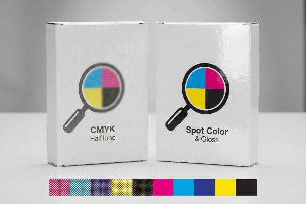 Two white boxes comparing Cmyk Halftone's grainy appearance with the vibrant clarity of Spot Color & Gloss printing.