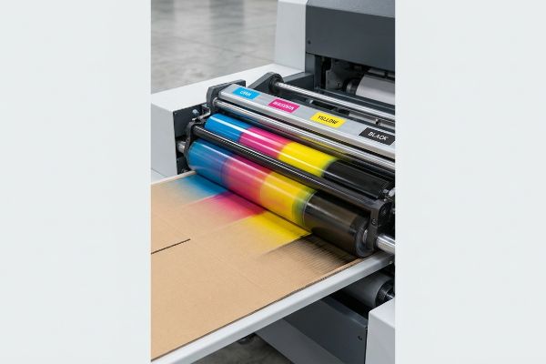 Printing press rollers apply Cyan, Magenta, Yellow, and Black CMYK inks onto corrugated board, showing color gradients.