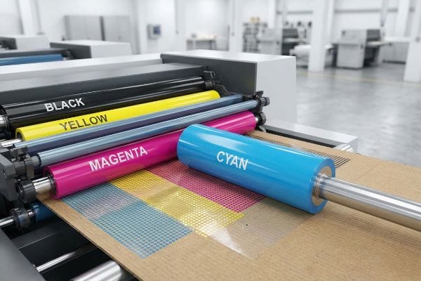 A printing machine applies Cyan, Magenta, Yellow, and Black inks onto a brown cardboard, illustrating the CMYK color model.