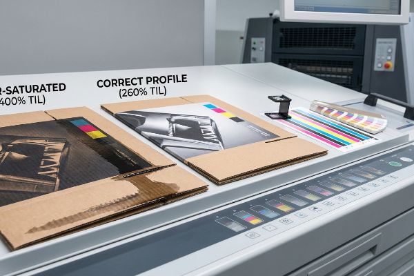 Two cardboard sheets on a printing press, comparing an Over-Saturated 400% TIL CMYK print with a Correct Profile 260% TIL for optimal drying.