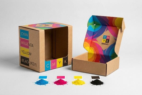 CMYK-Farbpulver und bedruckte Kartons mit Cyan, Magenta, Yellow, Black (Key) demonstrieren den Druckprozess.