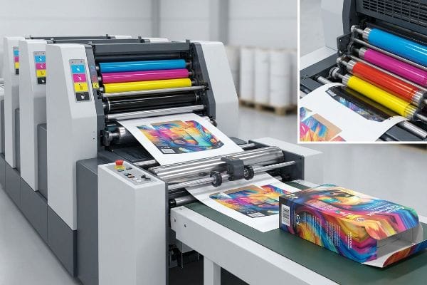 CMYK Packaging Printing Process A commercial printing machine with CMYK ink rollers produces vibrant packaging boxes on a factory floor.