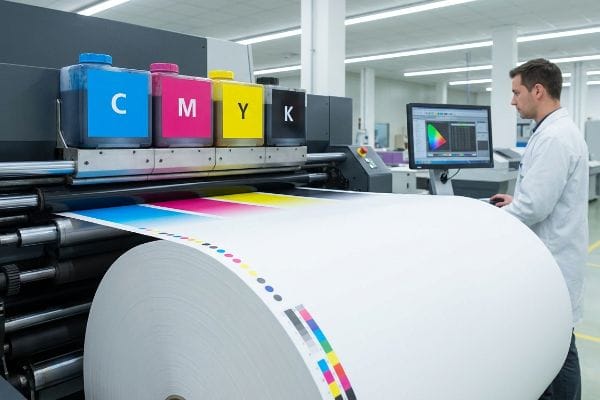 Digital printer with Cyan, Magenta, Yellow, Key ink tanks, printing color bars on a paper roll, monitored by an operator.