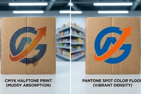 Cardboard boxes display CMYK Halftone Print with Muddy Absorption versus Pantone Spot Color Flood with Vibrant Density on corrugated.