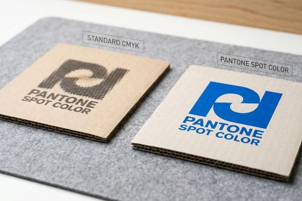 Raw corrugated cardboard samples compare Standard CMYK halftone dots to a crisp Pantone Spot Color blue logo, highlighting print clarity.