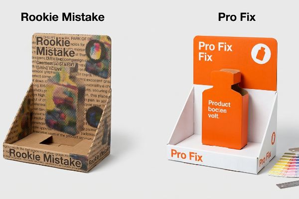 Rookie Mistake brown corrugated display with muddy CMYK text, contrasted by Pro Fix white display with bold orange die-cut bottle.
