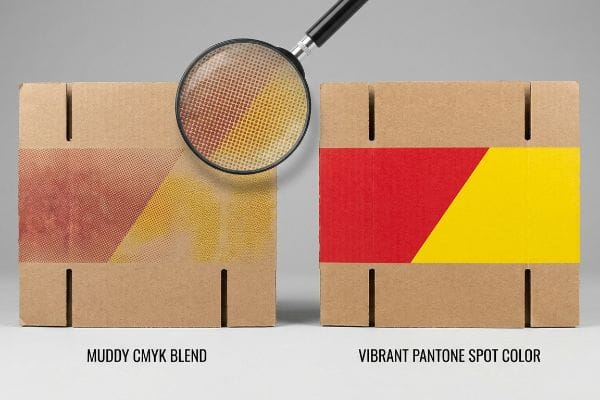 Two corrugated cardboard boxes compare muddy CMYK blend with visible halftone dots to vibrant Pantone spot color red and yellow.