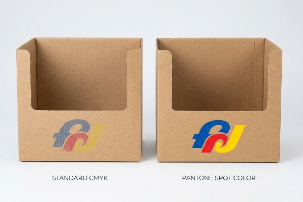 Two corrugated cardboard retail displays compare a washed-out Standard CMYK logo with a vibrant Pantone Spot Color logo.
