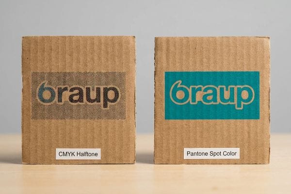 Two paperboard boxes display 'braup' logos: one with CMYK Halftone, the other with crisp Pantone Spot Color printing.
