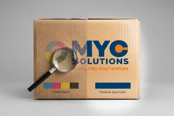Corrugated box comparing CMYK blend halftone dots with vibrant Pantone spot color printing for 'MYC Solutions' logo, with magnifying glass.