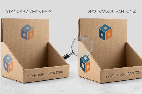 CMYK বনাম প্যানটোন প্রিন্ট স্ট্যান্ডার্ড CMYK প্রিন্ট এবং স্পট কালার (প্যান্টোন) লোগোর গুণমানের তুলনা করে দেখানো ঢেউখেলানো কার্ডবোর্ডের ডিসপ্লে বক্স, স্পষ্টতা দেখানোর জন্য বিবর্ধিত করা হয়েছে।.