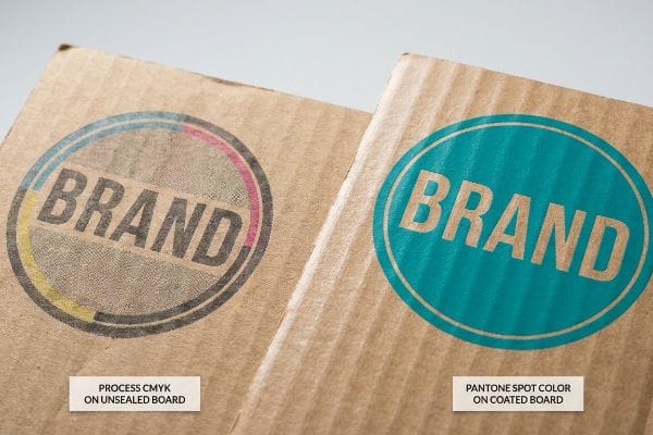 Corrugated boards show brand logos: faded Process Cmyk On Unsealed Board versus vibrant Pantone Spot Color On Coated Board.