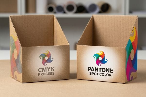 Corrugated cardboard display boxes comparing Cmyk Process's muted colors to Pantone Spot Color's vibrant print.