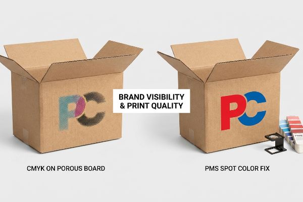 Corrugated cardboard boxes comparing CMYK on porous board with a vibrant PMS spot color fix for enhanced brand visibility.