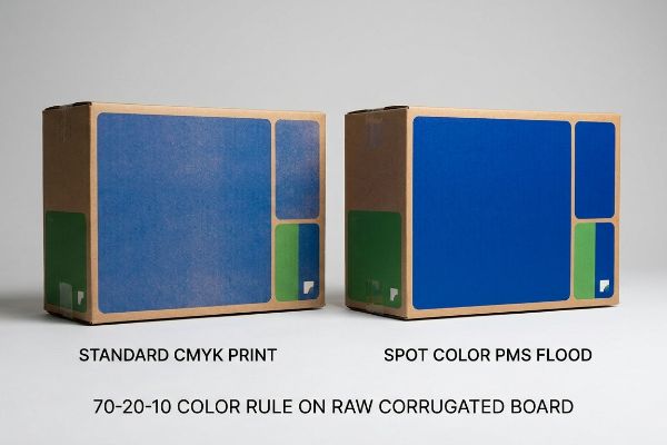 Raw corrugated board boxes compare Standard CMYK Print to vibrant Spot Color PMS Flood, illustrating the 70-20-10 Color Rule.