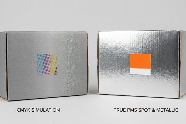 Metallic silver corrugated boxes comparing CMYK Simulation's halftone pattern to True PMS Spot & Metallic orange and white.