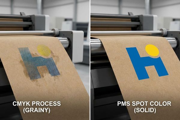 Brown corrugated paper displays a logo printed with grainy CMYK Process on the left and solid PMS Spot Color on the right, highlighting print quality.
