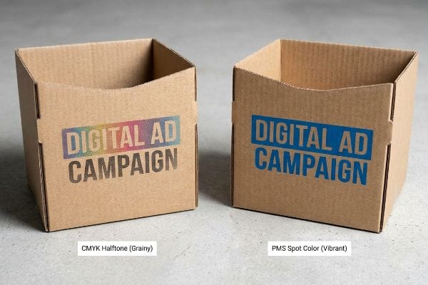 Deux boîtes en carton affichent le texte « Campagne publicitaire numérique », comparant une impression en demi-teintes CMJN granuleuses à une impression en couleurs Pantone éclatantes.