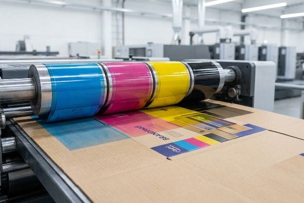 CMYK প্রিন্টিং মেশিন একটি ব্র্যান্ডপ্যাড কার্ডবোর্ড শিটের উপর সায়ান, ম্যাজেন্টা, হলুদ এবং কালো কালি প্রয়োগ করে।.