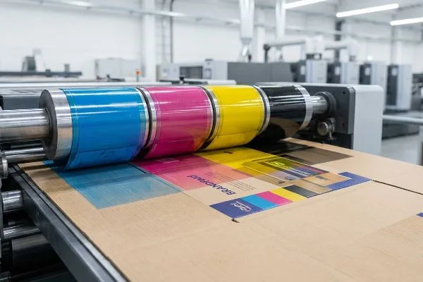 CMYK প্রিন্টিং মেশিন একটি ব্র্যান্ডপ্যাড কার্ডবোর্ড শিটের উপর সায়ান, ম্যাজেন্টা, হলুদ এবং কালো কালি প্রয়োগ করে।.