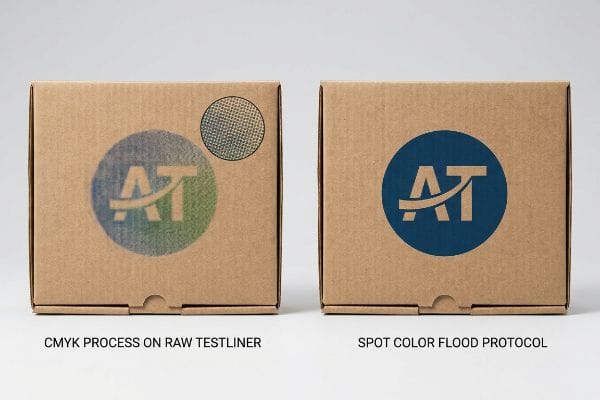 CMYK Testliner Spot Color Brown corrugated boxes showing faded CMYK 'AT' logo on raw testliner vs. vibrant spot color flood protocol print.