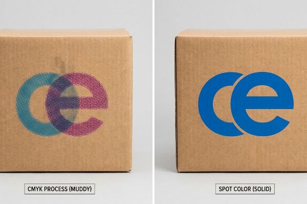 Corrugated cardboard boxes comparing CMYK Process (Muddy) halftone dot blending with Spot Color (Solid) blue pigment for 'ce' logo.