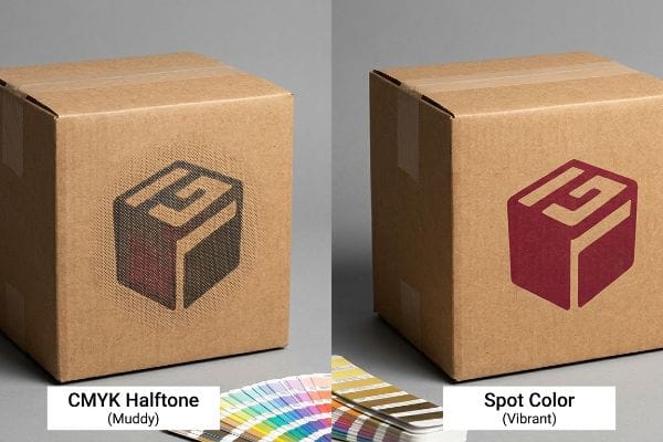 Two corrugated cardboard boxes comparing a muddy CMYK Halftone logo to a vibrant Spot Color logo, with color swatches.