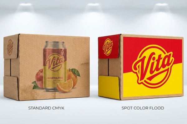 Corrugated board boxes display Vita beverage branding, contrasting Standard CMYK's muted print with Spot Color Flood's vibrant, sharp graphics.