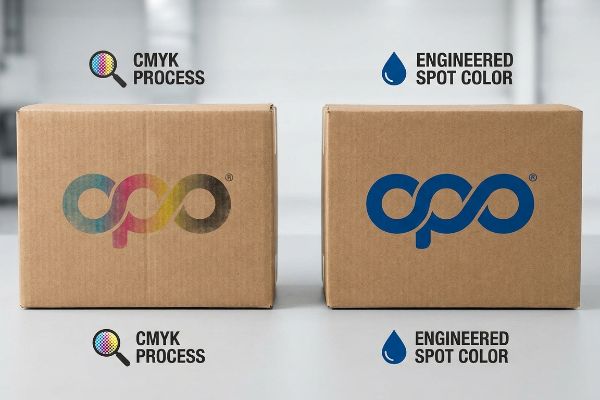 Two cardboard boxes display the 'opo' logo, contrasting CMYK Process printing with a vibrant Engineered Spot Color.