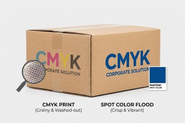 A corrugated box demonstrates Cmyk print's grainy halftone dots versus crisp Pantone Spot Color Flood for corporate logos.