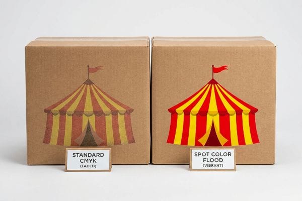 Two corrugated cardboard boxes display striped tents, comparing a faded Standard CMYK print to a vibrant Spot Color Flood.